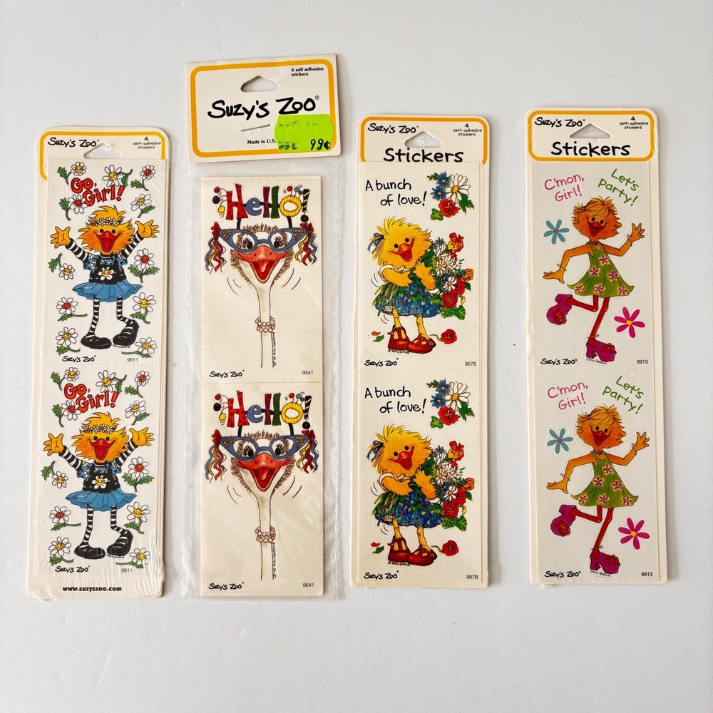 Vtg Suzys Zoo Sticker Sheets Lot of 4 Ostrich Duck Go Girl 9541 9611 9576 9913
